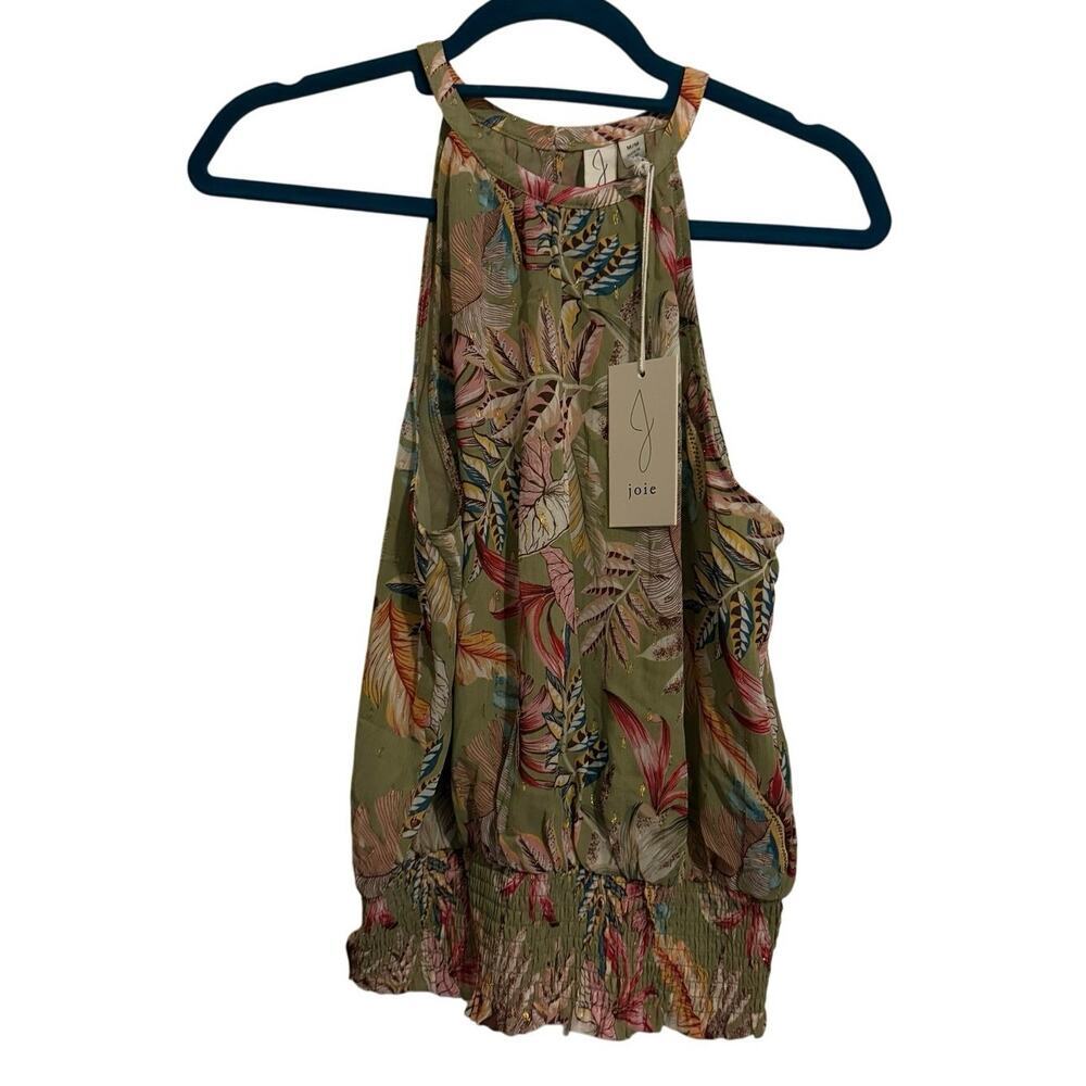 Joie Blouse Floral Leaves Pattern Sleeveless Olive Green Halter Top M